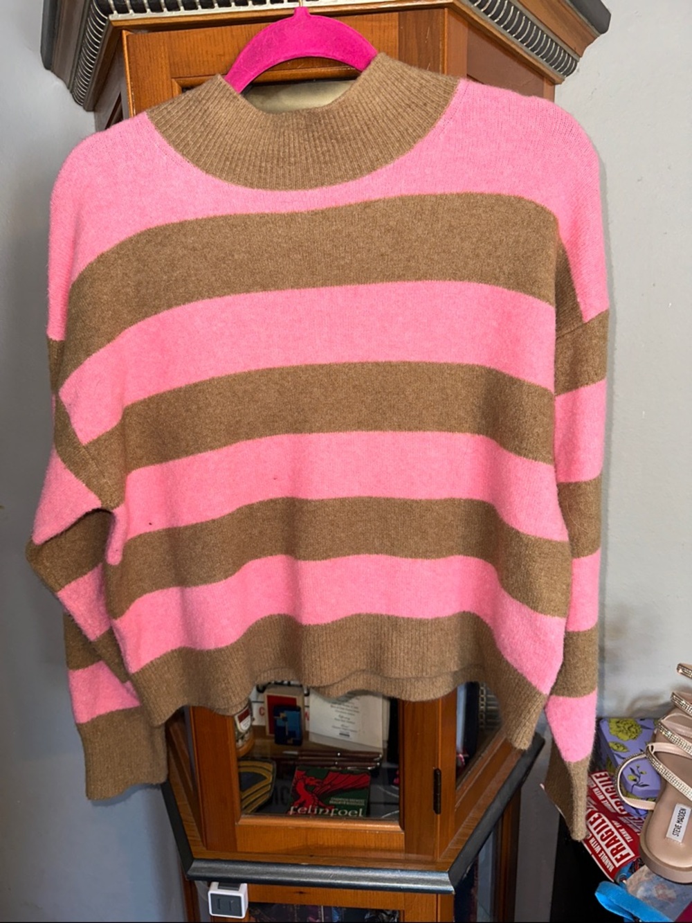J. Crew Pink and Brown Extra Soft Striped Turtleneck Sweater